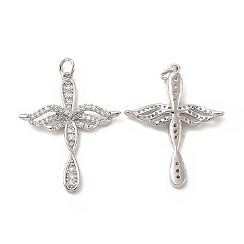 Brass Micro Pave Cubic Zirconia Pendants, with Jump Ring, Religion Cross with Wing Charm, Platinum, 30x24x3.5mm, Hole: 3.3mm