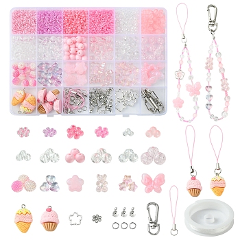 Glass with Transparent Acrylic Beads for DIY Mobile Phone Chain Making Kit, Pink, 2~26.5x2~20x2~8mm, Hole: 1mm