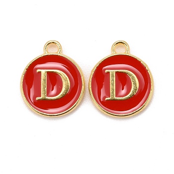 Golden Plated Alloy Enamel Charms, Cadmium Free & Lead Free, Enamelled Sequins, Flat Round with Letter, Red, Letter.D, 14x12x2mm, Hole: 1.5mm