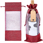 Jute Cloth Wine Bottle Storage Pouches, Rectangle Drawstring Bags with Visible Window, Dark Red, 36.7x16.5x0.3cm(ABAG-WH20018-15A)