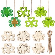 3 Sets 3 Styles Saint Patrick's Day Theme Wood Big Pendant Decorations, with Hemp Rope Hanging Ornaments, Clover, Lemon Chiffon, 68.5x82x2mm, Hole: 3mm, 1 set/style(HJEW-CJ0001-05)