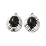 Natural Black Onyx(Dyed & Heated) Pendants, 304 Stainless Steel Oval Charms, Stainless Steel Color, 18.5x13.5x8mm, Hole: 1.4mm(STAS-L025-006P-03)