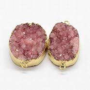 Electroplated Natural & Dyed Druzy Agate Links connectors, with Golden Plated Brass Findings, Oval, Pale Violet Red, 30~42x15~27x9~12mm, Hole: 2mm(G-N0168-018D)