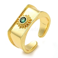 Rack Plating Brass Micro Pave Glass Open Cuff Rings, Sun, Real 18K Gold Plated, Adjustable(RJEW-K266-12G)