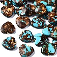 Assembled Bronzite and Synthetic Turquoise Pendants, with Iron Findings, Heart, Golden, 20~22x19~20x5~7mm, Hole: 2mm(X-G-T111-04C)