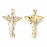 Rack Plating Brass Micro Pave Clear Cubic Zirconia Pendants, with Acrylic Bead, Long-Lasting Plated, Cadmium Free & Lead Free, Key with Wing, Real 18K Gold Plated, 27.5x20.5x4mm, Hole: 4x3mm(ZIRC-C041-08G)