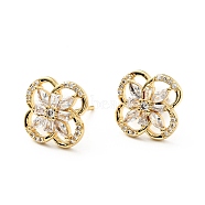Clear Cubic Zirconia Flower Stud Earrings, Brass Jewelry for Women, Cadmium Free & Lead Free, Real 18K Gold Plated, 14x14x3mm, Pin: 0.8mm(KK-D080-23G)