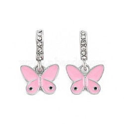 Rack Plating Enamel Alloy European Dangle Charms, with Crystal Rhinestone, Large Hole Beads, Cadmium Free & Nickel Free & Lead Free, Butterfly, Platinum, Pink, 23mm, Hole: 4.5mm, Butterfly: 11x13x2.5mm(MPDL-N039-110)