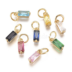 Brass Micro Pave Cubic Zirconia Charms, Birthstone Charms, Long-Lasting Plated, with Jump Ring, Real 18K Gold Plated, Rectangle, Mixed Color, 10x3x3mm, Hole: 3mm(ZIRC-F111-03G)