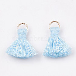 Polycotton(Polyester Cotton) Tassel Pendant Decorations, with Iron Findings, Light Gold, Light Blue, 20~30x7~8mm, Hole: 5mm(X-FIND-S280-11)