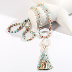 Bohemian Oval Natural Druzy Agate Tassel Pendant Necklaces, Natural Shoushan Stone Round Beaded Long Necklaces for Women, Dark Turquoise, 33.86~34.65 inch(86~88cm)(FS-WGAFDEB-03)