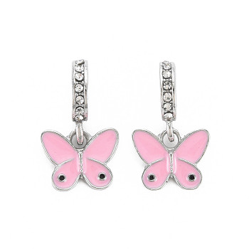 Rack Plating Enamel Alloy European Dangle Charms, with Crystal Rhinestone, Large Hole Beads, Cadmium Free & Nickel Free & Lead Free, Butterfly, Platinum, Pink, 23mm, Hole: 4.5mm, Butterfly: 11x13x2.5mm