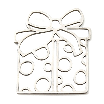 Christmas 201 Stainless Steel Pendants, Laser Cut, Gift Box Charm, Stainless Steel Color, 25x22x1mm, Hole: 2.5x2mm