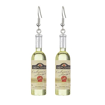 Wine Bottle Resin Dangle Earrings, Iron Earrings for Women, Champagne Yellow, 70x12mm, 2Pair/set