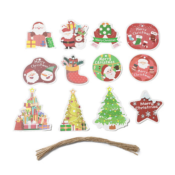 Christmas Theme Paper Big Pendant Decorations, Hemp Rope Hanging Ornament, Mixed Shapes, Pendant: 60~88x58~71x0.3mm, 12pcs/set