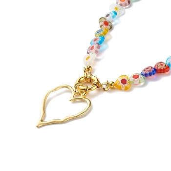 Heart Alloy Pendant Necklace for Teen Girl Women, Heart Millefiori Glass Beads Necklace, Colorful, 18.31 inch(46.5cm)