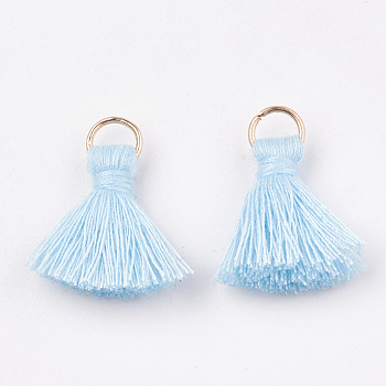 Polycotton(Polyester Cotton) Tassel Pendant Decorations, with Iron Findings, Light Gold, Light Blue, 20~30x7~8mm, Hole: 5mm