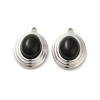 Natural Black Onyx(Dyed & Heated) Pendants, 304 Stainless Steel Oval Charms, Stainless Steel Color, 18.5x13.5x8mm, Hole: 1.4mm