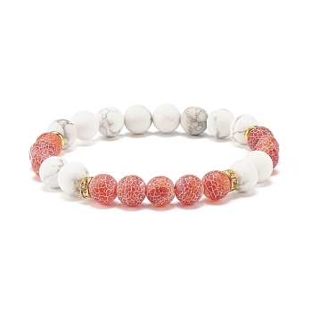 Natural Weathered Agate(Dyed) & Howlite Round Beaded Stretch Bracelet, Gemstone Jewelry for Women, Indian Red, Inner Diameter: 2-1/4 inch(5.6cm)