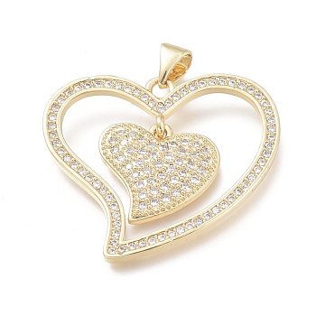 Brass Micro Pave Clear Cubic Zirconia Pendants, Heart, Real 18K Gold Plated, 25.5x29.5x1.5mm, Hole: 3x4mm