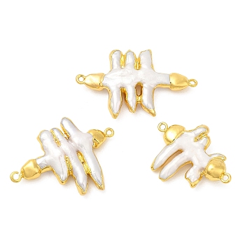 Baroque Style Natural Keshi Pearl Fence Connector Charms, Long-Lasting Plated, with Golden Plated Brass Findings, Seashell Color, 37~49x28~31x8mm, Hole: 1.8mm
