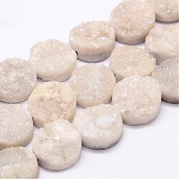 Electroplated Natural & Dyed Druzy Agate Bead Strands, Grade AB, Flat Round, White, 10x5~8mm, Hole: 1mm, about 20pcs/strand, 8.07 inch
