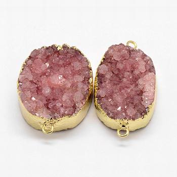 Electroplated Natural & Dyed Druzy Agate Links connectors, with Golden Plated Brass Findings, Oval, Pale Violet Red, 30~42x15~27x9~12mm, Hole: 2mm