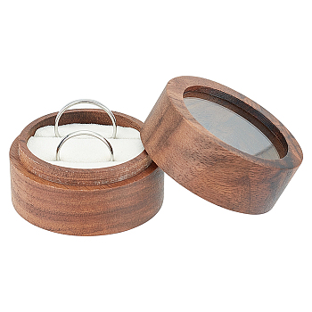 Round Wooden Engagement Ring Boxes, Jewelry Box Storage Case with Clear Window for Couple Rings, White, 4.95x3.5cm