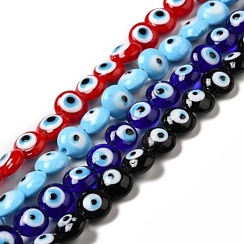 Handmade Evil Eye Lampwork Beads Strands, Flat Round, Mixed Color, 12.5x7.5mm, Hole: 1.6mm, about 33pcs/strand, 15.12''(38.4cm)