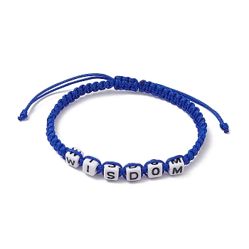 Word Wisdom Acrylic Braided Bead Bracelets, Polyester Adjustable Bracelet, Blue, Inner Diameter: 2-1/4~3-3/8 inch(5.7~8.7cm)