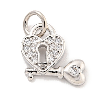Rack Plating Brass Micro Pave Clear Cubic Zirconia Charms, with Jump Rings, Long-Lasting Plated, Lead Free & Cadmium Free, Heart with Key, Platinum, 11x12x2mm, Hole: 3mm