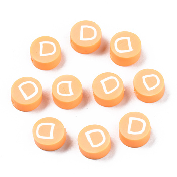 Handmade Polymer Clay Beads, Flat Round with Alphabet, Sandy Brown, Letter.D, 9x3.5~5mm, Hole: 1.6mm
