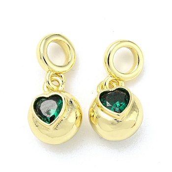 Brass with Cubic Zirconia Pendant, Heart, Medium Sea Green, 23.5x11x9mm, Hole: 5mm