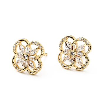 Clear Cubic Zirconia Flower Stud Earrings, Brass Jewelry for Women, Cadmium Free & Lead Free, Real 18K Gold Plated, 14x14x3mm, Pin: 0.8mm