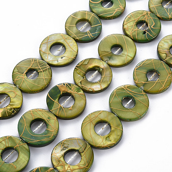 Natural Freshwater Shell Beads Strands, Dyed and Drawbench, Ring, Olive Drab, 20~21x2~3mm, Hole: 0.6mm, about 20~21pcs/strand, 15.94 inch(40.5cm)