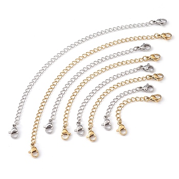 8 Strands 8 Styles 304 Stainless Steel Chain Extender, with Curb Chains and Lobster Claw Clasps, Real 24K Gold Plated & Stainless Steel Color, 1strand/style