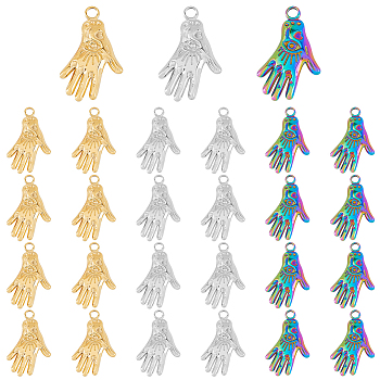 24Pcs 3 Colors 304 Stainless Steel Pendants, Hand with Eye, Mixed Color, 23.5x15x2mm, Hole: 2mm, 8pcs/color