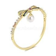 Rack Plating Brass Pave Cubic Zirconia Bowknot Hinged Bangles for Women, with Round Plastic Imitation Pearl, Real 18K Gold Plated, Cadmium Free & Lead Free, Long-Lasting Plated, Misty Rose, Inner Diameter: 2-3/8 inch(6cm)(BJEW-R317-03G-04)