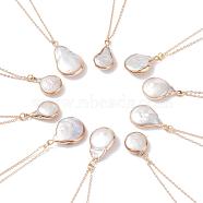 Brass Pendant Necklaces, with Plated Natural Baroque Pearl Keshi Pearl Pendants and Iron Findings, Flat Round, Golden, 14.8 inch(37.6cm) long, 1.2mm(NJEW-JN02522-01)
