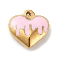 304 Stainless Steel Pendants, with Enamel, Golden, Heart Charm, Pink, 17x16.5x5.5mm, Hole: 1.7mm(STAS-M326-01B-G)