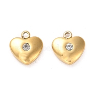 304 Stainless Steel Charms, with Rhinestone, Heart Charms, Real 14K Gold Plated, 11.5x11x4mm, Hole: 1.6mm(STAS-L022-088G)