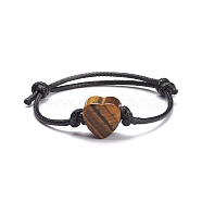 Natural Tiger Eye Heart Braided Cord Bracelet, Adjustable Friendship Bracelet for Women, Inner Diameter: 2-1/8~3 inch(5.4~7.6cm) (BJEW-JB07685-01)