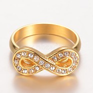 Ion Plating(IP) 304 Stainless Steel Finger Rings, with Rhinestone, Infinity, Mixed Size, Golden, 12~19mm(RJEW-G068-03)