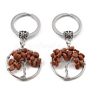 Synthetic Goldstone Flat Round with Tree of Life Pendant Keychain, with Iron Key Rings and Brass Finding, 6.5cm(KEYC-E023-03M)