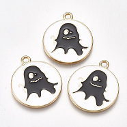 Alloy Pendants, Cadmium Free & Lead Free, with Enamel, Flat Round with Ghost, Light Gold, Black, 26x23x1.5mm, Hole: 2mm(ENAM-S115-078A)