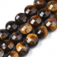 Natural Tiger Eye Beads Strands, Faceted, Flat Round, 9.5~10.5x7.5mm, Hole: 1~1.2mm, about 38pcs/strand, 14.65 inch(37.2cm)(G-S359-370)