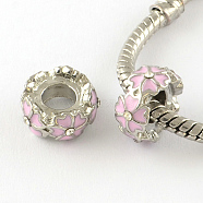Enamel Flat Round with Flower Platinum Tone Alloy Large Hole Beads, with Rhinestone, Pearl Pink, 12x6mm, Hole: 5mm(MPDL-R036-90G)