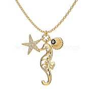 Summer Beach 925 Sterling Silver Micro Pave Clear Cubic Zirconia Cable Chain Sea Horse & Starfish Pendant Necklaces, Real 18K Gold Plated, 15.91 inch(40.4cm)(NJEW-Q342-06G)