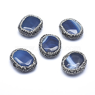 Natural & Dyed Agate Beads, with Polymer Clay Rhinestone, Oval, Blue, 25~26x21~22x7~8mm, Hole: 1mm(RB-A062-103A)