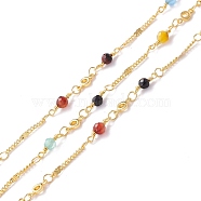 Handmade Brass Flat Round & Clover Link Chains, with Faceted Round Agate Beads, Long-Lasting Plated, Cadmium Free & Lead Free, Unwelded, with Spool, Golden, Colorful, 13x4mm(CHC-C021-02G)